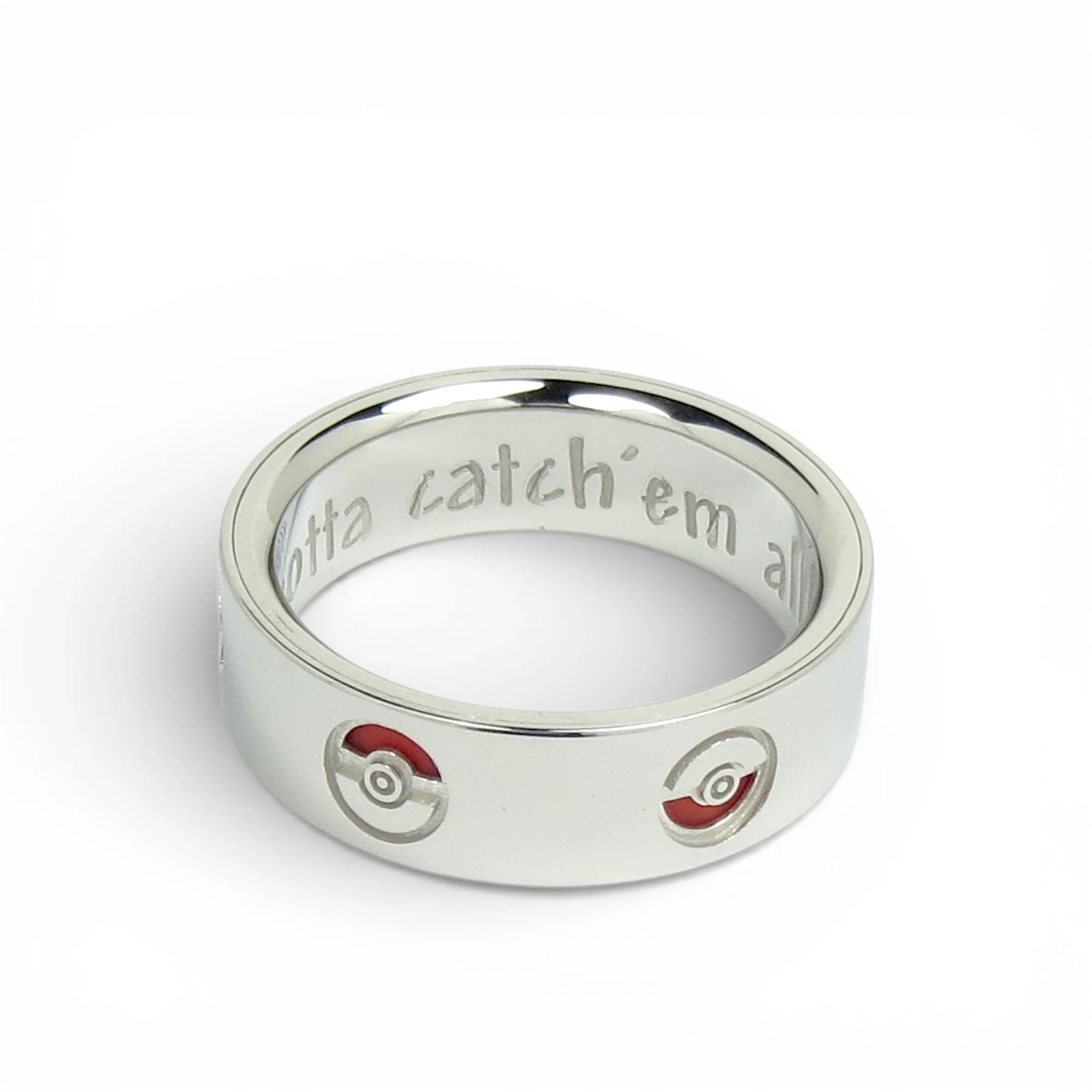 Pokemon inspired ring in 14karat white gold with 6 Poke Balls with red inlay accent and inside engraving