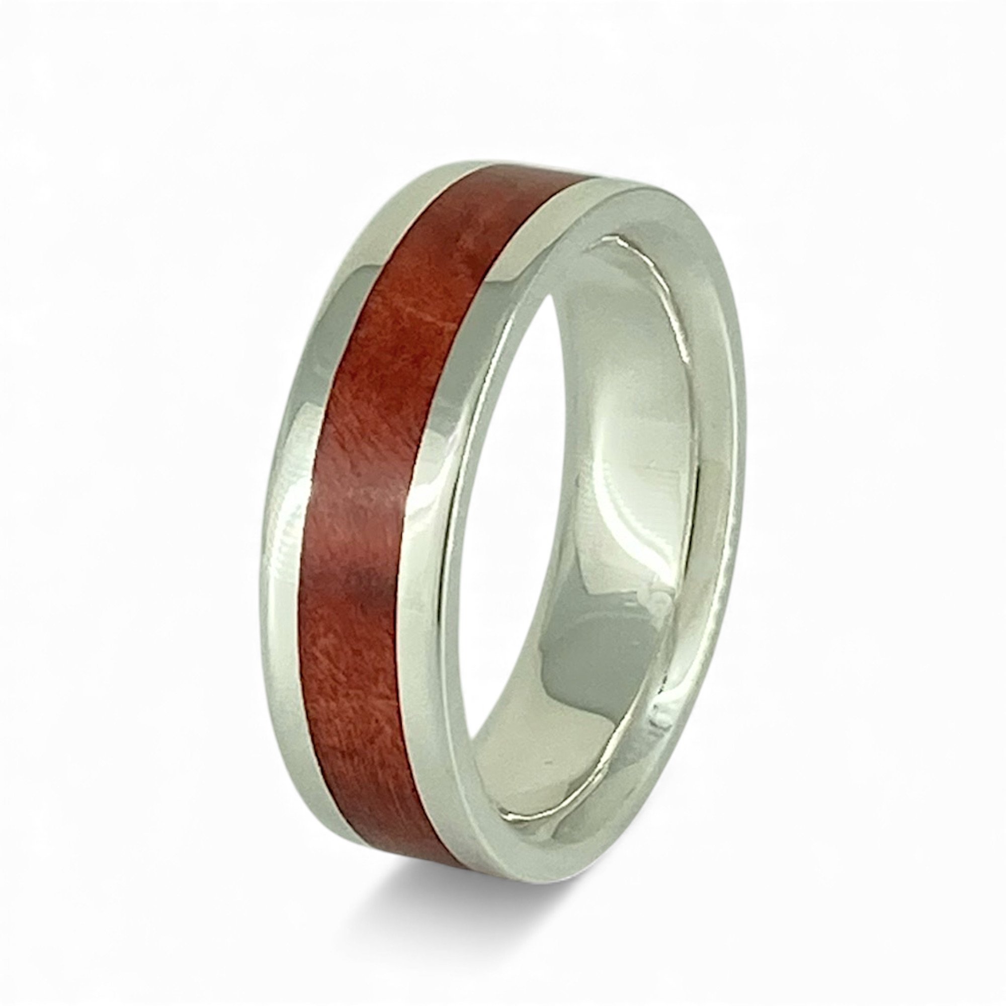 Red Dyed Manitoba Maple Burl Ring in White Metal