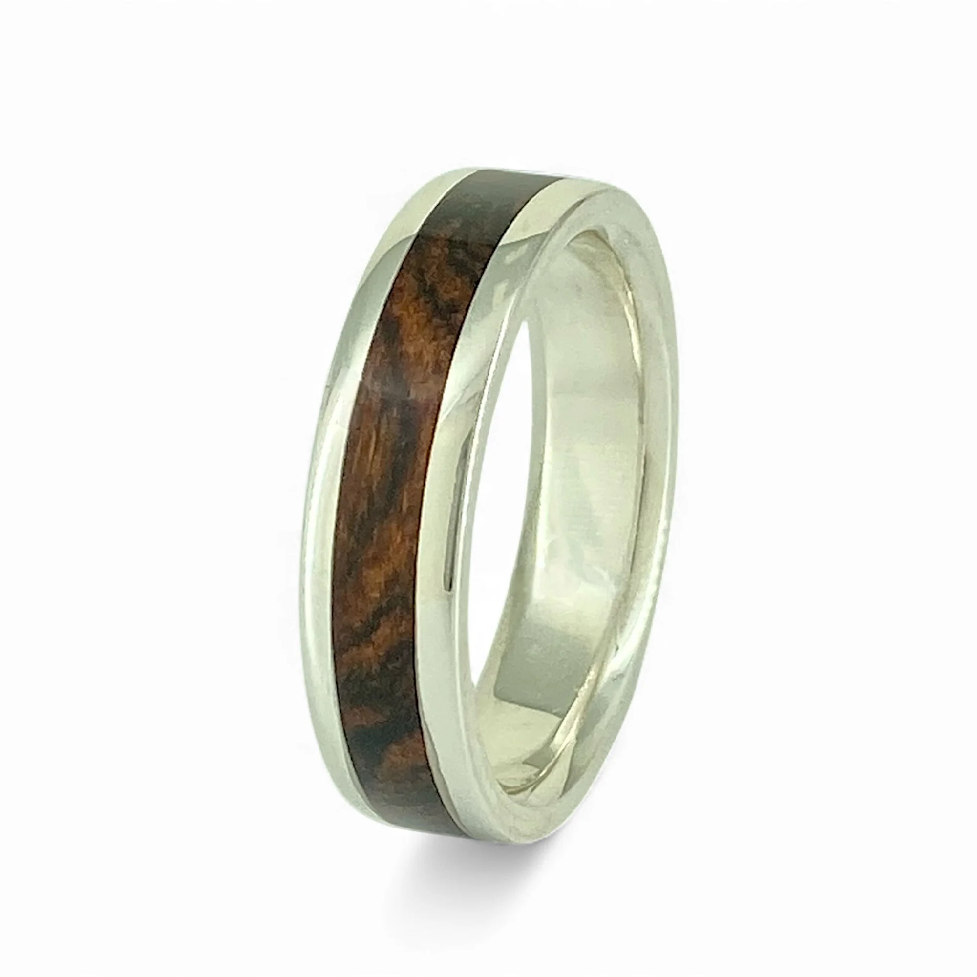 Bocote Wood Along Surface Grain in Silver Ring