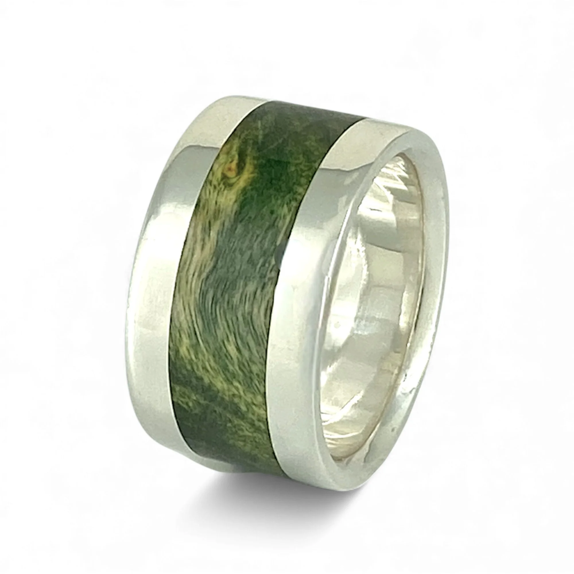 Green Manitoba Maple Burl (WIDE) Centre in Silver Ring— 12 mm