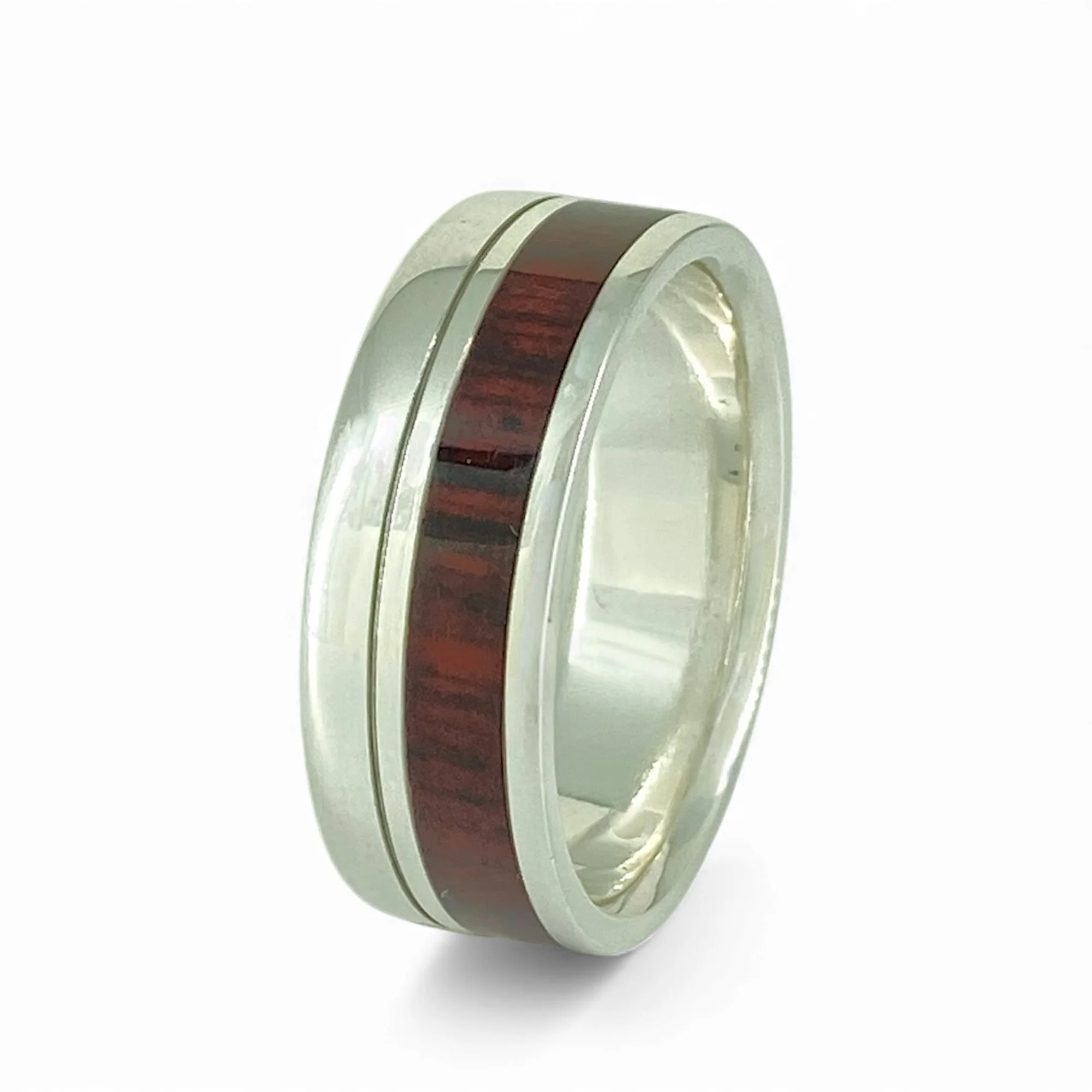 Cocobolo Wood off-centre and thin engraved line in Silver Ring