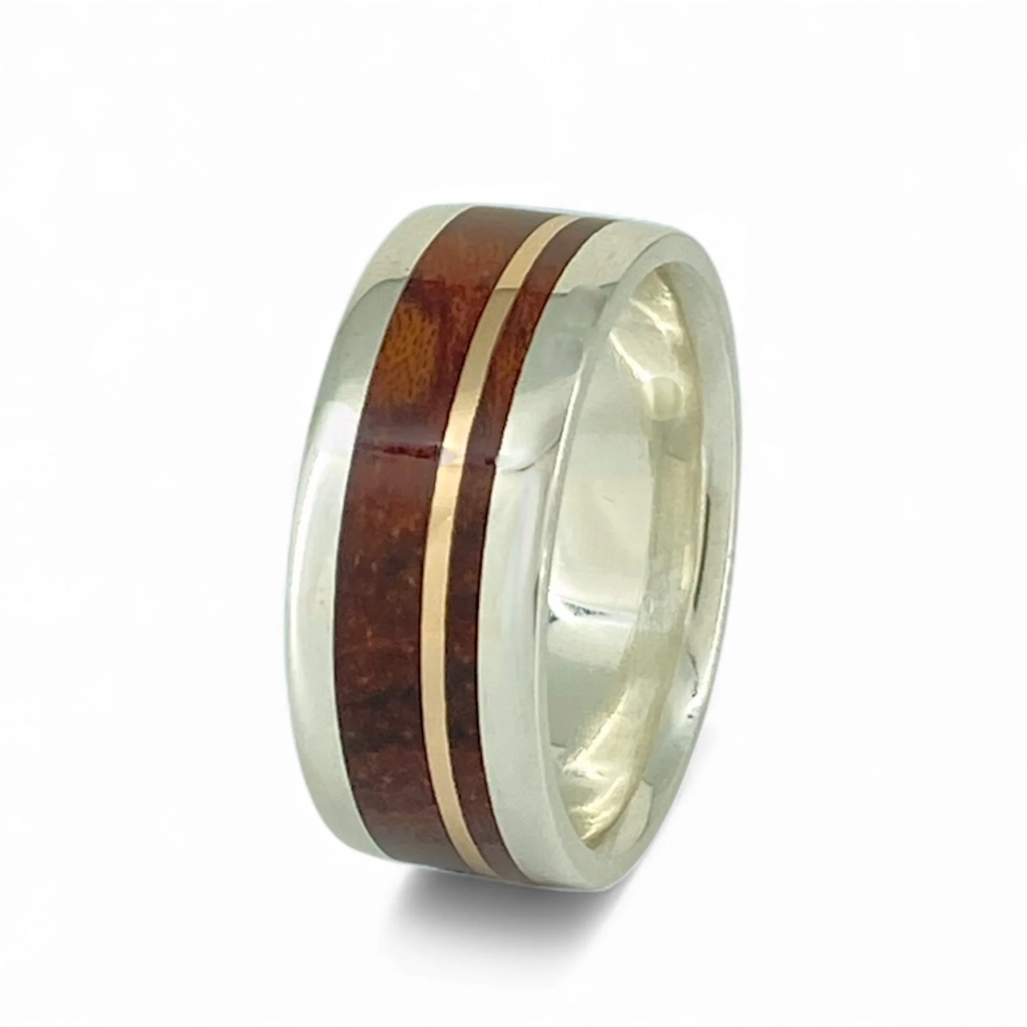 Padauk Wood and 10-Karat Rose Gold off-centre In Silver Ring