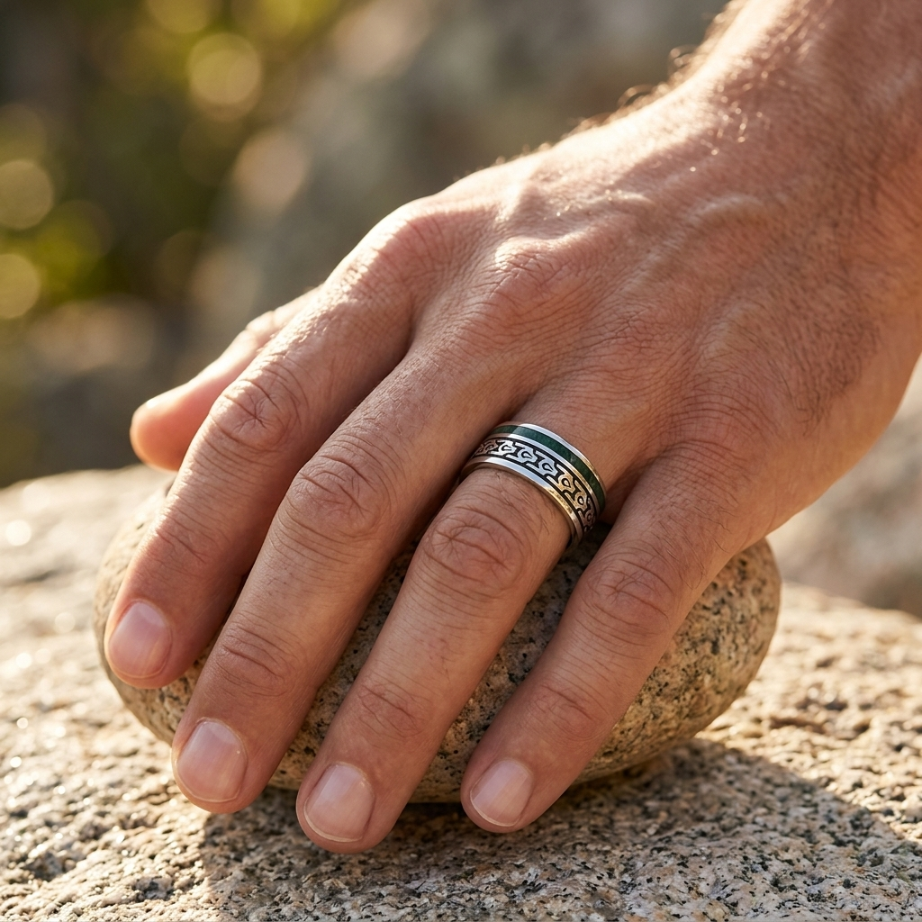 Hydro Building column inspired ring with green wood on model hand