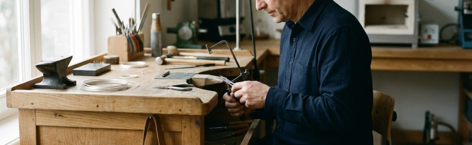 Jeweler Zsolt Szekely working on a craft project at a wooden workbench in a workshop.