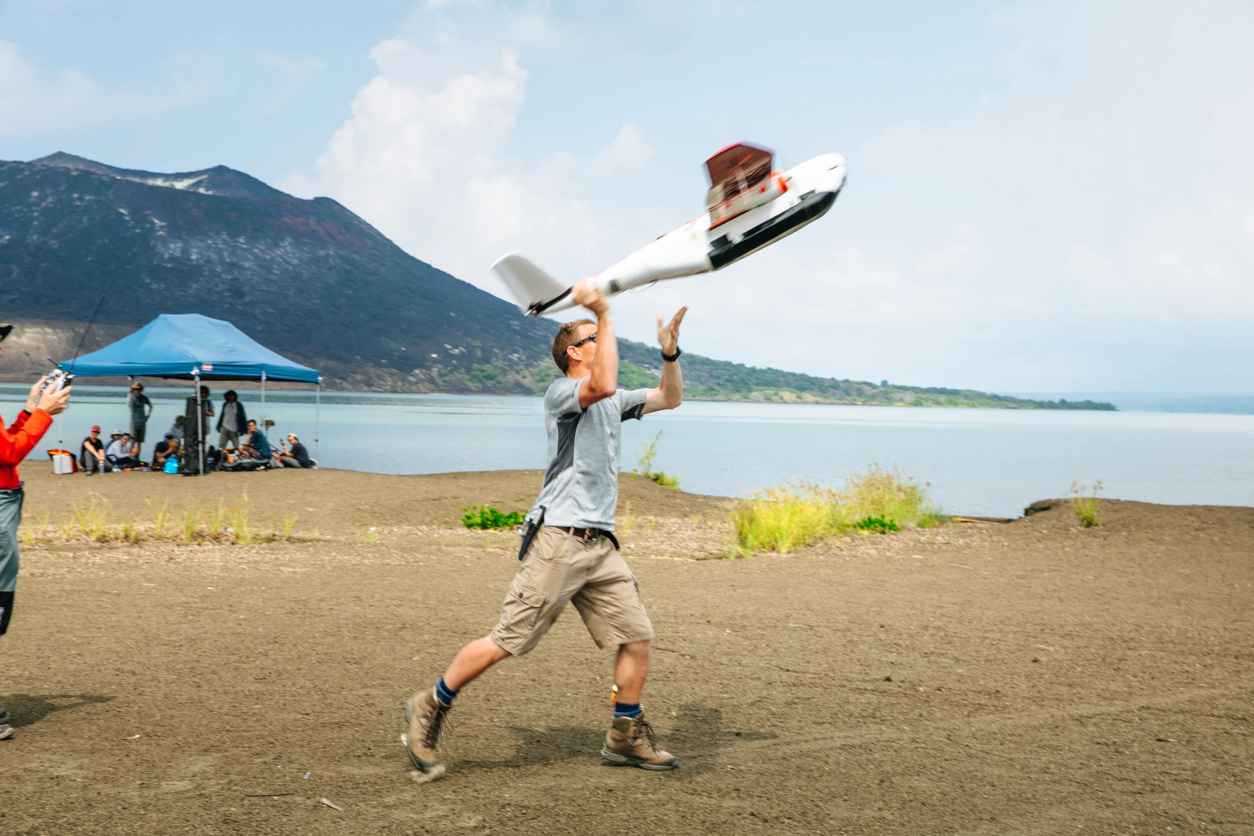Hand launching the Titan before flight to Tavurvur crater