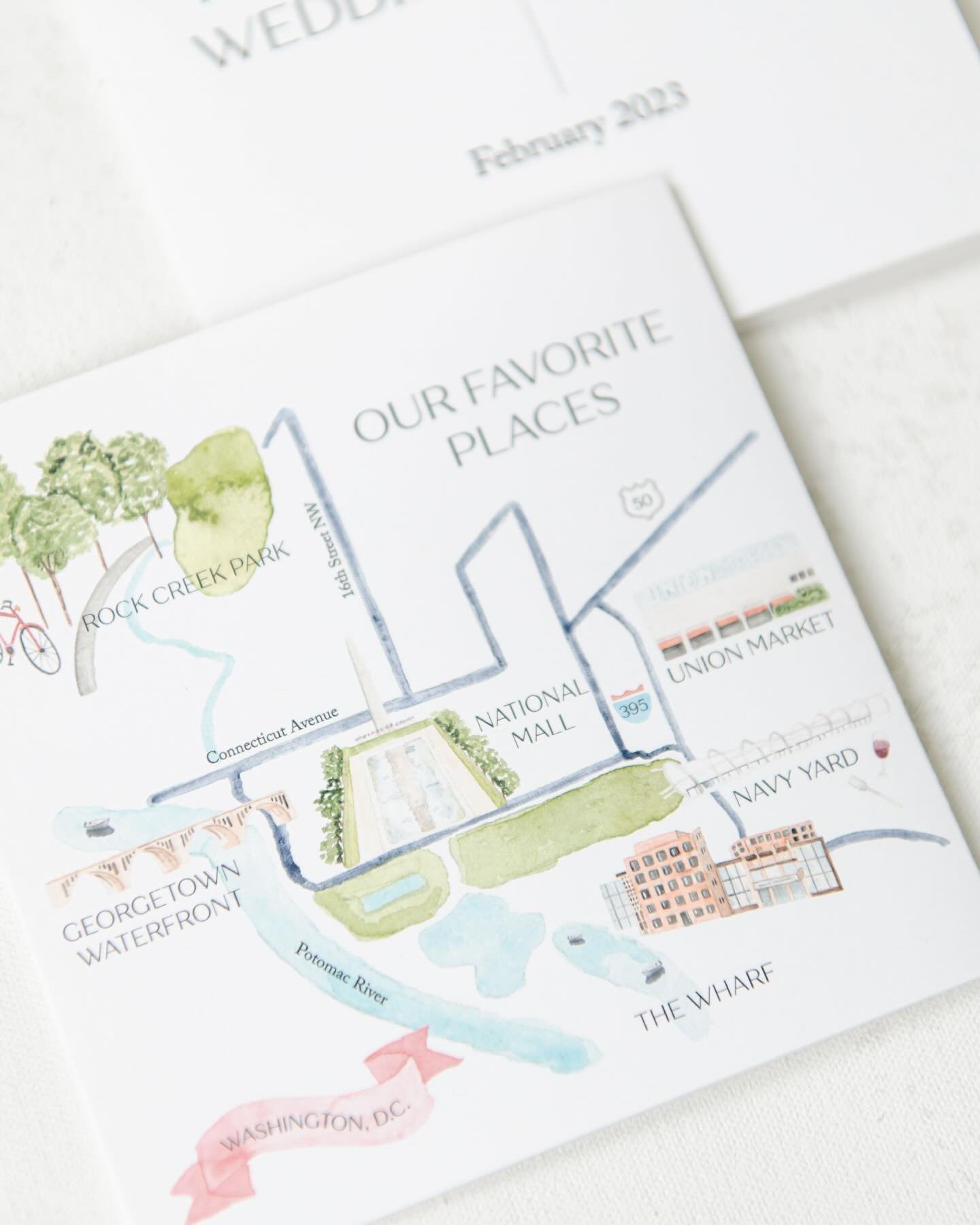 Wedding stationery isn&rsquo;t in my wheel house much these days, but I loved getting to work with K&amp;G last year on their day-of paper. These watercolor illustrations were used for a map of their favorite spots in D.C. + a fun weekend itinerary f