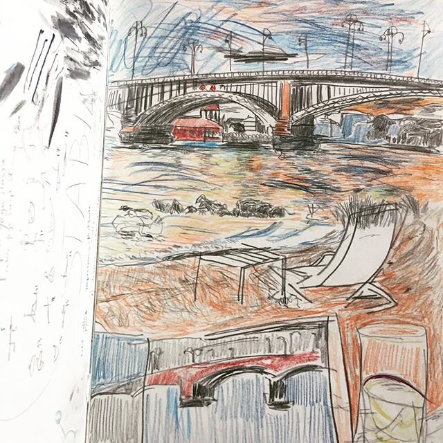 Le long du Rhin et vue sur Franckfort. Le dessin exprime avec force les ressentis int&eacute;rieurs
#drawing #zeichnen #pencil #river #movement #bridge #colors #sunset #friday #onthebeach