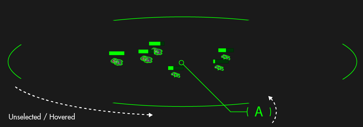 While unselected, the UI for the strike group only displays the ships and the letter designation for the group. A rotating ring indicates that the player is also hovering the group.
