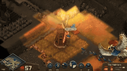 A player moves their cursor, which is represented by an anthropomorphic mouse general in Tooth and Tail. Various other mouse infantry units follow the cursor and attack an enemy building.