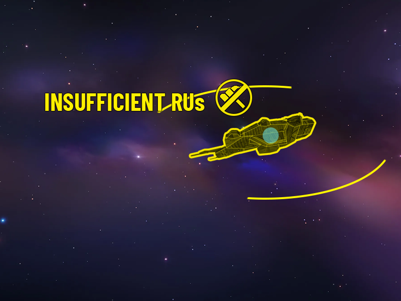 An icon, text, and yellow highlight on the ship indicate that the player doesn't have enough resources to build the ship.