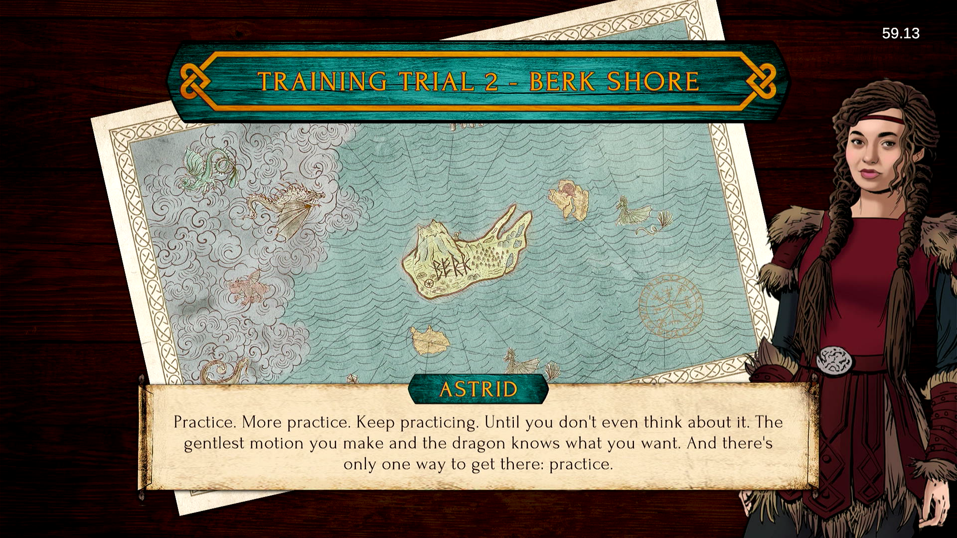 Loading screen where Astrid, one of the game's characters, gives advice to the player.