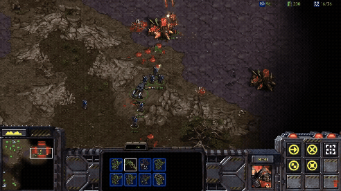 A player selects and gives orders to infantry units in Starcraft.