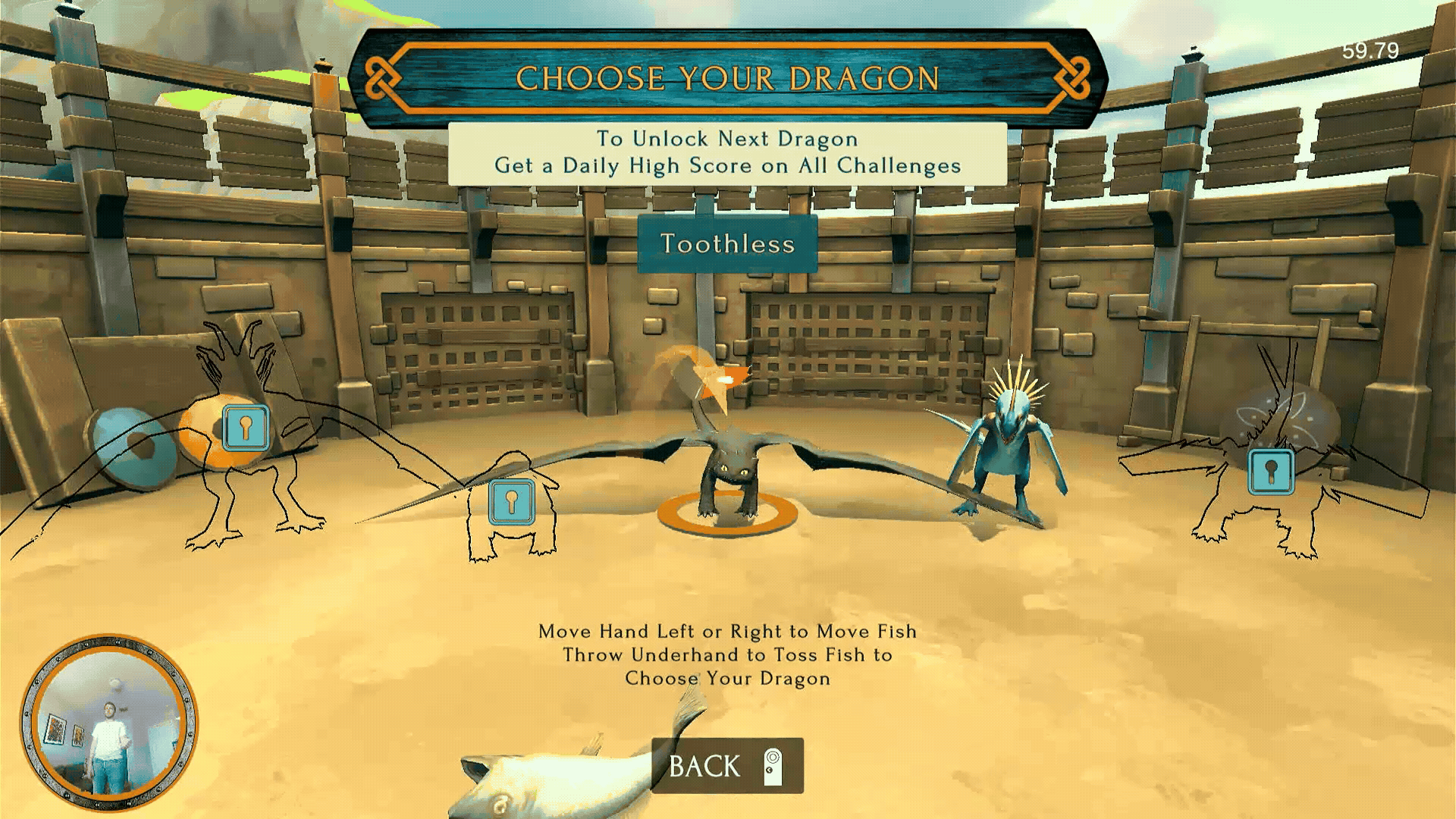 A player moves his hand back and forth to choose a dragon and then moves it upward to toss a fish to that dragon to select it.