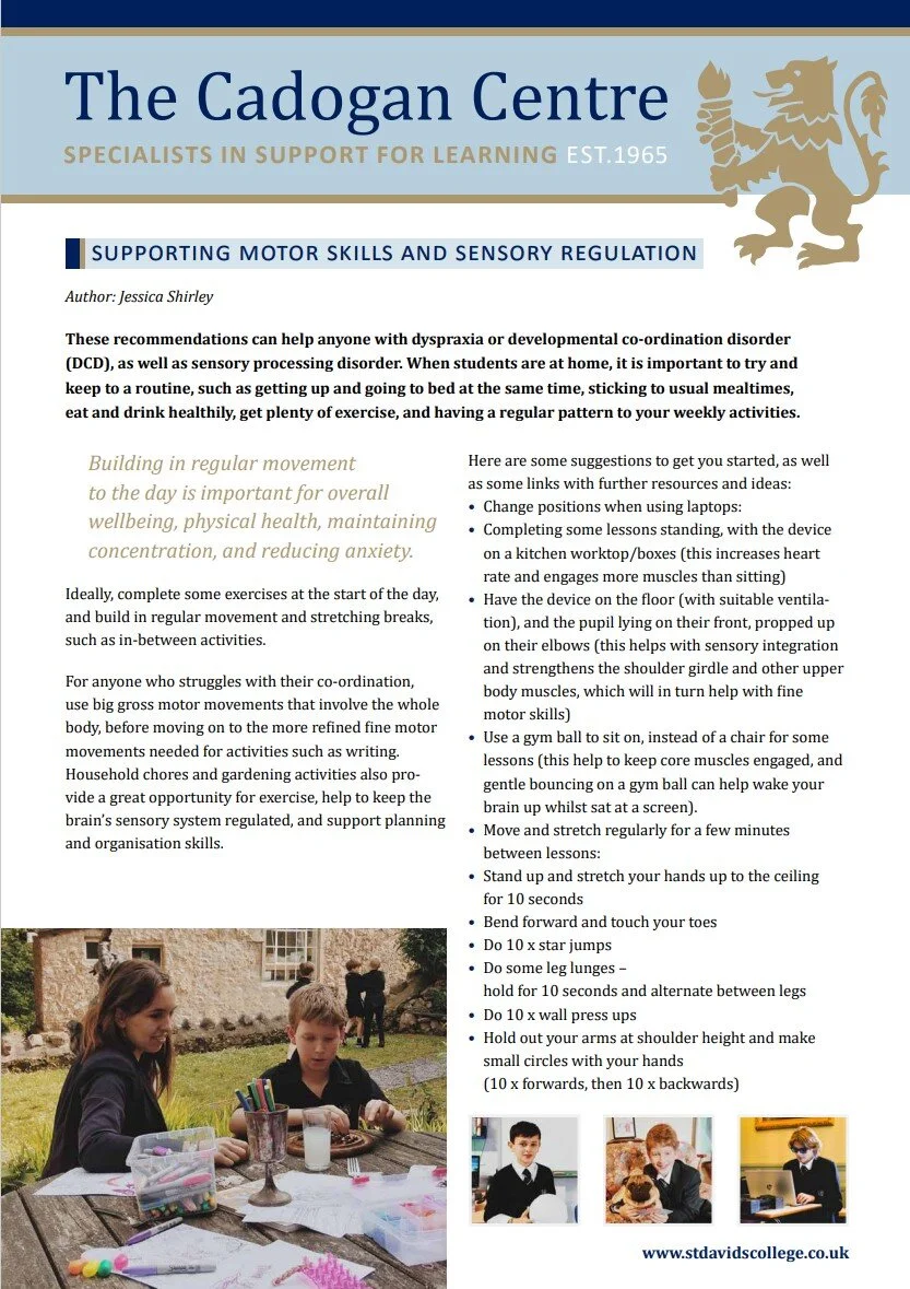  Parent advice about dyspraxia (DCD) by Jessica Shirley, St David’s College. Click thumbnail to download. 