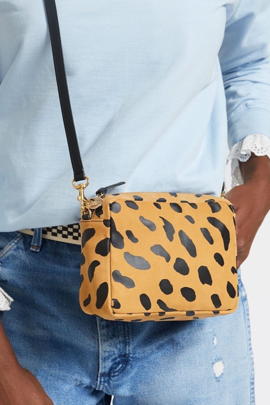 Clare V. Midi Sac Leopard Print Leather Crossbody Bag in Black