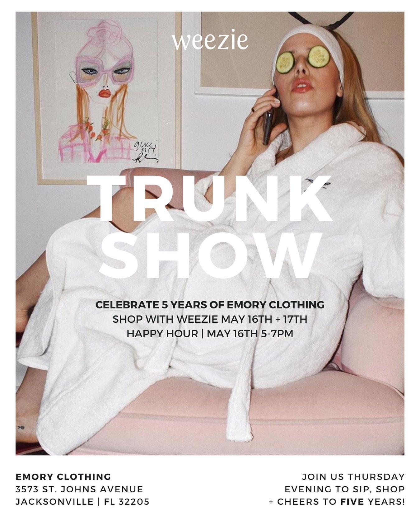 let&rsquo;s celebrate FIVE years of Emory with a trunk show !!! WEEZIE x EMORY &mdash; shop a wide range of Weezie products + place your custom orders with our special guest, May 16-17 only !!! 

+ join us to sip and shop Thursday, May 16th from 5-7p