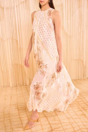 ulla johnson beige dress Ulla Johnson // Beige & Burgundy Floral Tiered Dress – VSP Consignment main image 1