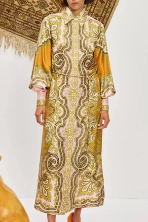 gold silk shirt dress Franchesca | Puff Sleeve Gold Shirt Dress