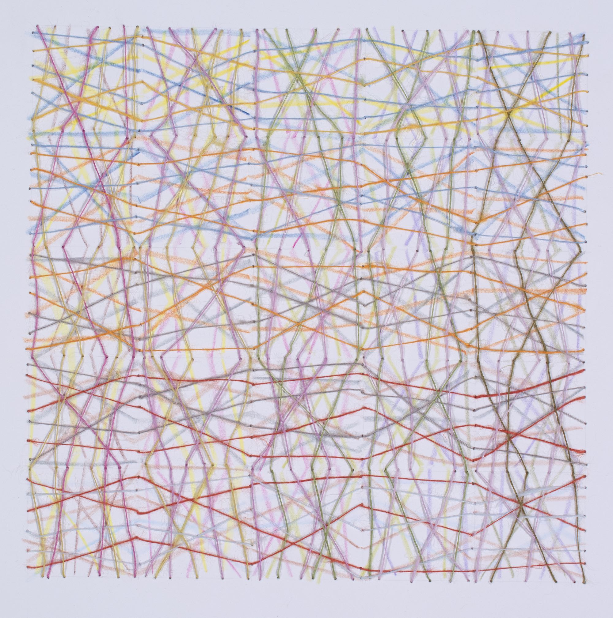   Lines with Thread    Wax pastel on paper, linen    9” x  9”  