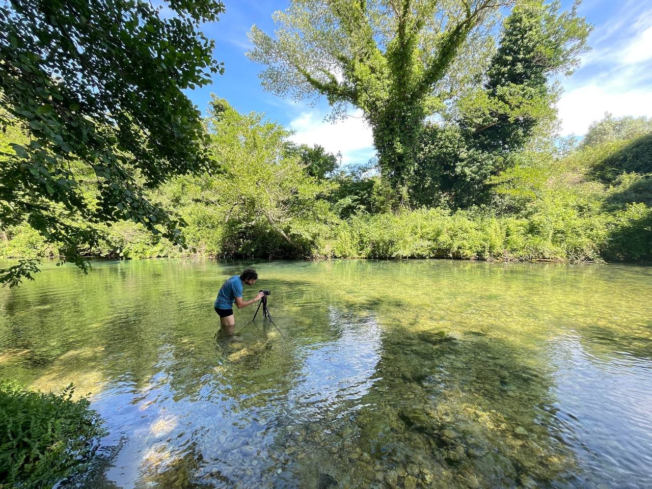 A person standing in a clear, shallow river, setting up a camera on a tripod, surrounded by lush green trees under a blue sky.