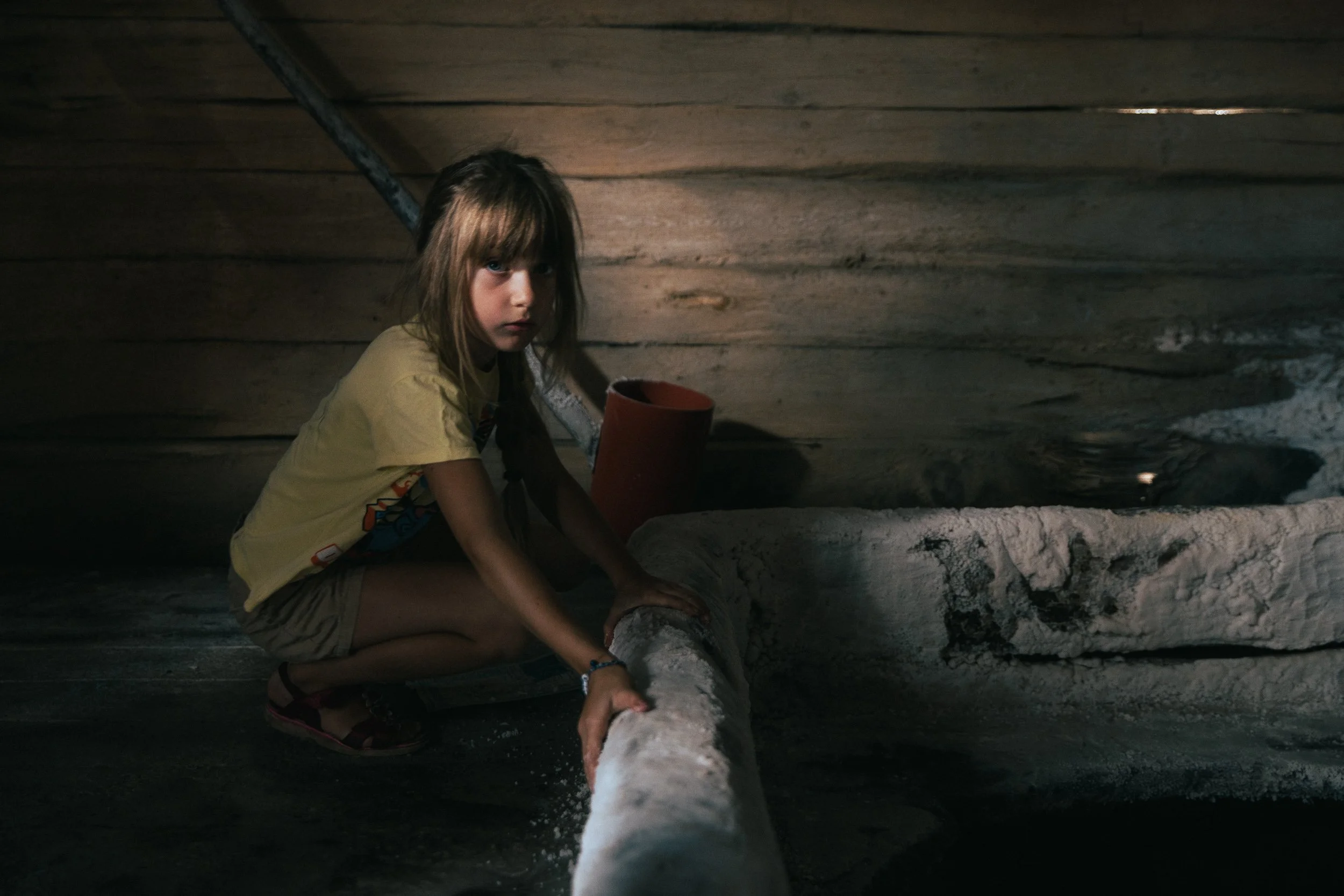 A young girl with brown hair and blue eyes wearing a yellow T-shirt and gray shorts, crouching inside a dark, wooden, and rocky space, reaching out to touch a white and brown dog.