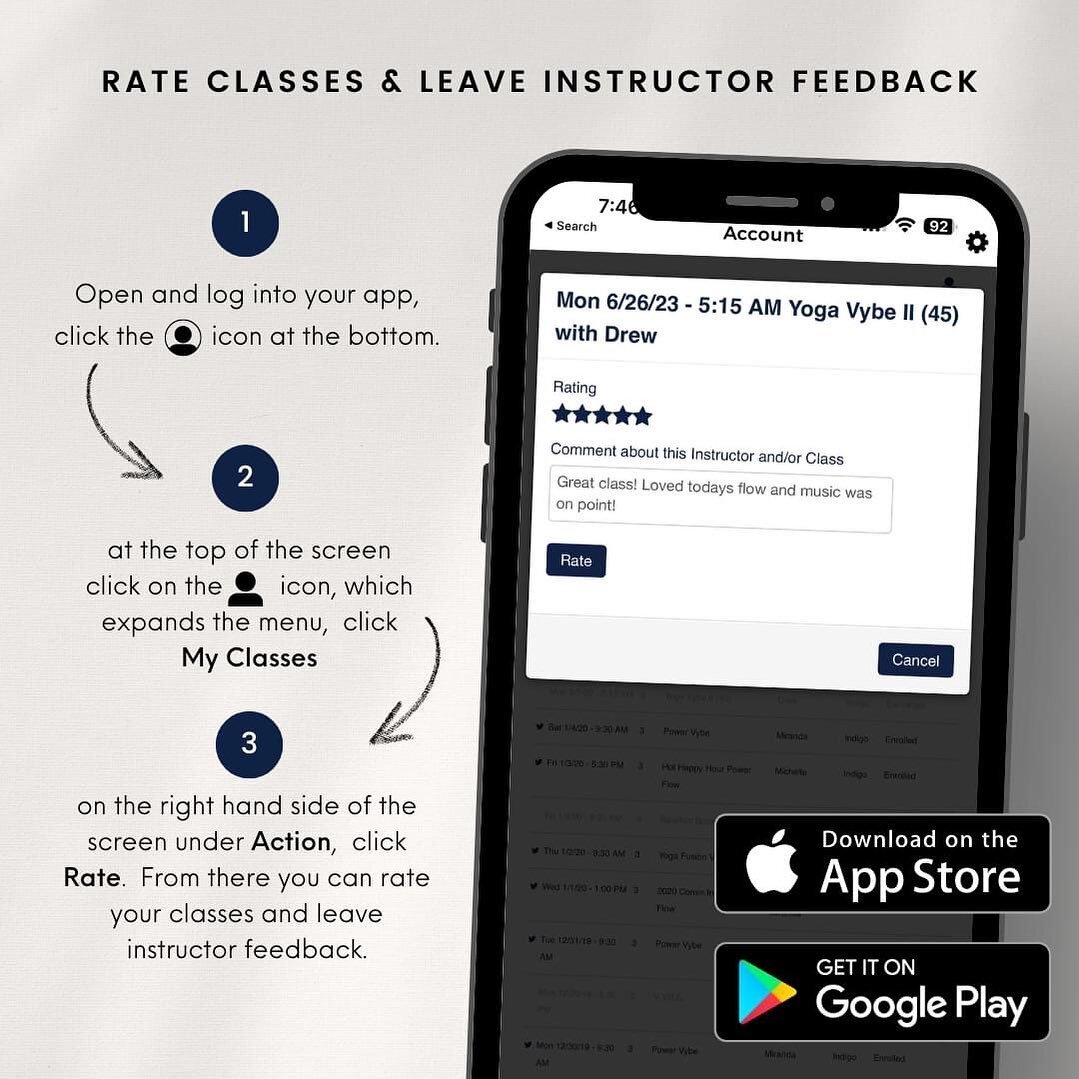 Did you know you can rate your classes and leave the instructor feedback?

When you are logged in to your app, go to My Classes under your profile. There will be a &quot;rate&quot; link that will appear next to each class taken in the last 14 days. Y