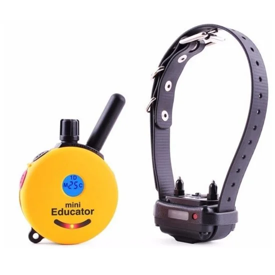 A yellow dog training tool with a safety collar and a GPS tracker device.