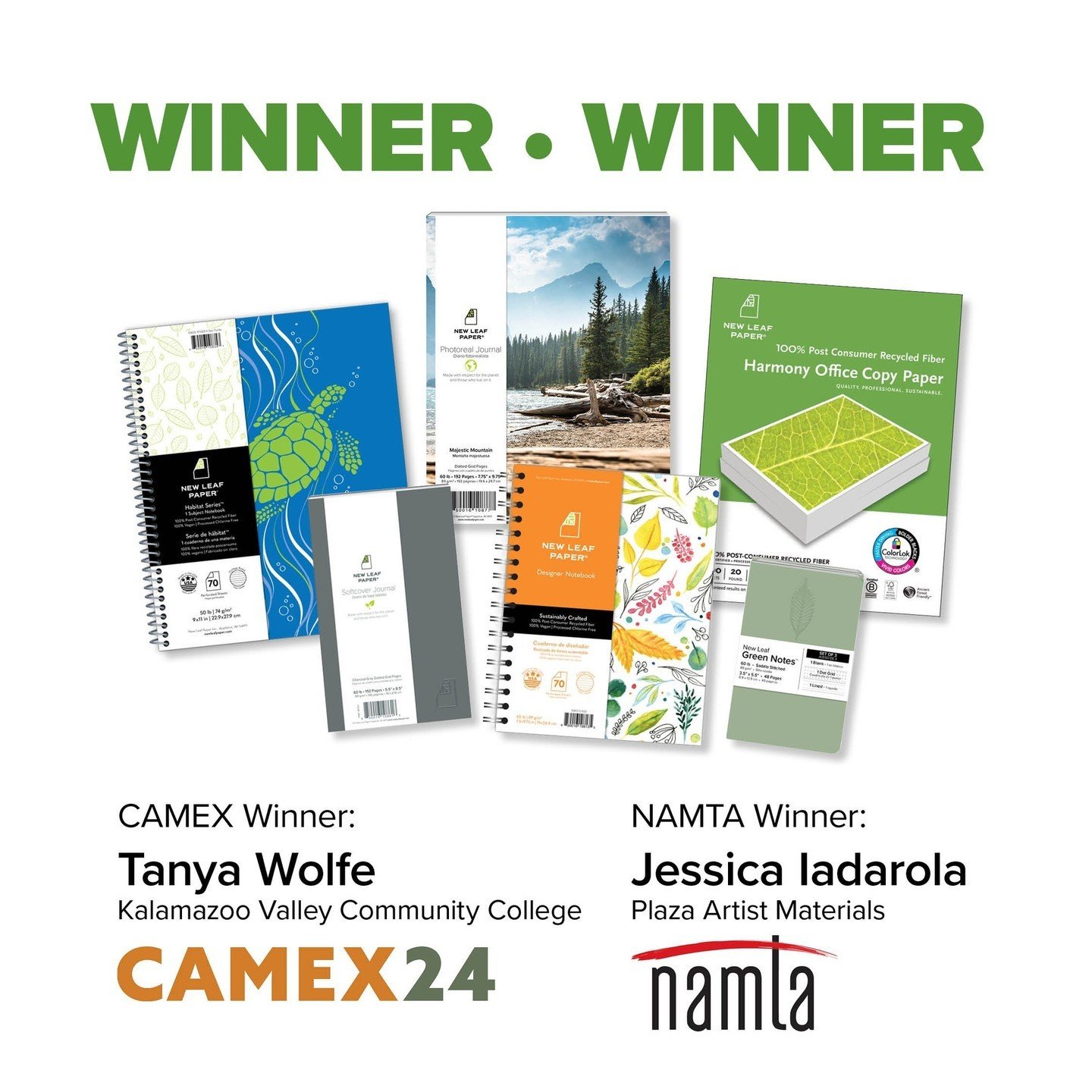 Congratulations to the winners of our Camex and NAMTA drawings! We hope you enjoy your prize package!⁠
⁠
#newleafpaper #BCorp #win #sustainable #sustainability #sustainableliving #ecofriendly #ecoconscious #gogreen #ecofriendlyproducts #planneraddict