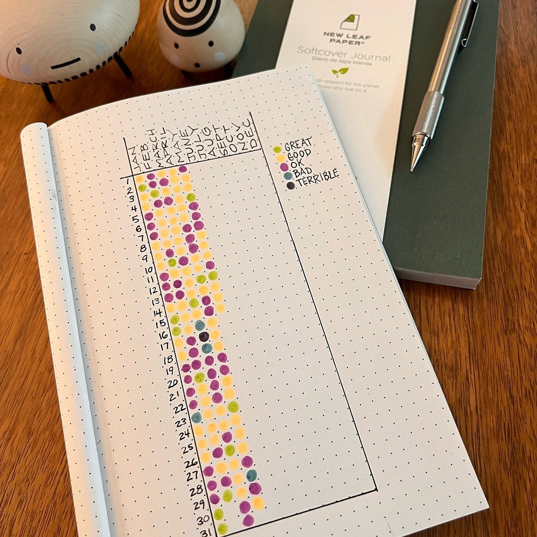 A &quot;Dot a Day&quot; journal is the fastest way you can track your daily mood. Simply assign a color to correspond with how good (or not so good) each day was. You may be surprised how many good days you have, or notice patterns that will help you
