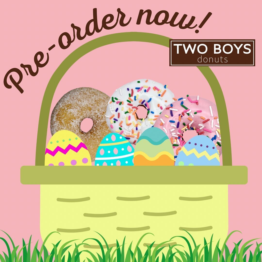 Easter themed dozens are available for pre-order only.  Order online at www.twoboysdonuts.com through 5pm, Friday, 4/7.
Store hours on Easter:
&bull;Holly 6a-11a
&bull;Uptown 8a-12p
&bull;Los Lunas 7a-11a

#twoboysdonuts
#easterdonuts
#anABQoriginal 