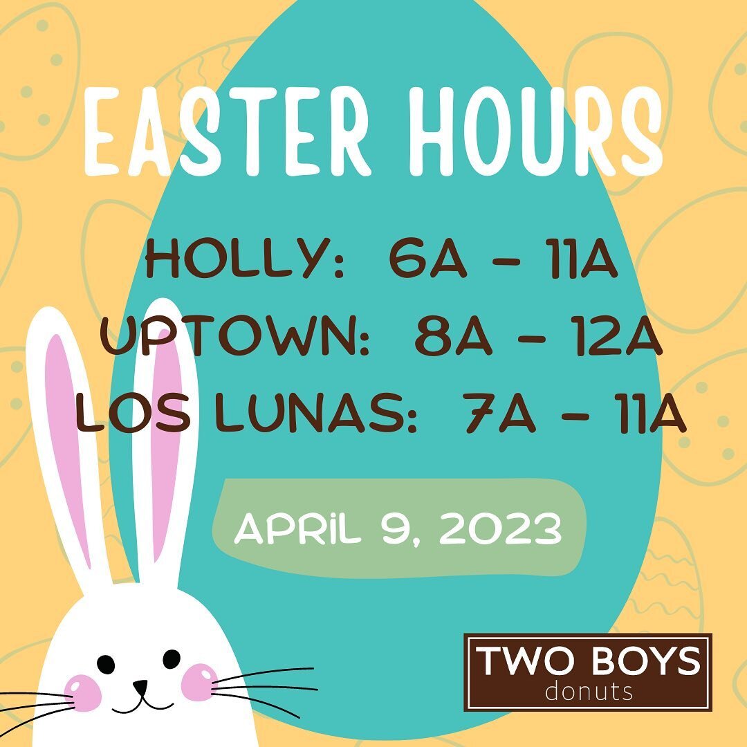 Happy Easter!
Store hours today:
&bull;Holly 6a-11a
&bull;Uptown 8a-12p
&bull;Los Lunas 7a-11a

#twoboysdonuts
#easterdonuts
#anABQoriginal 
#eatlocal