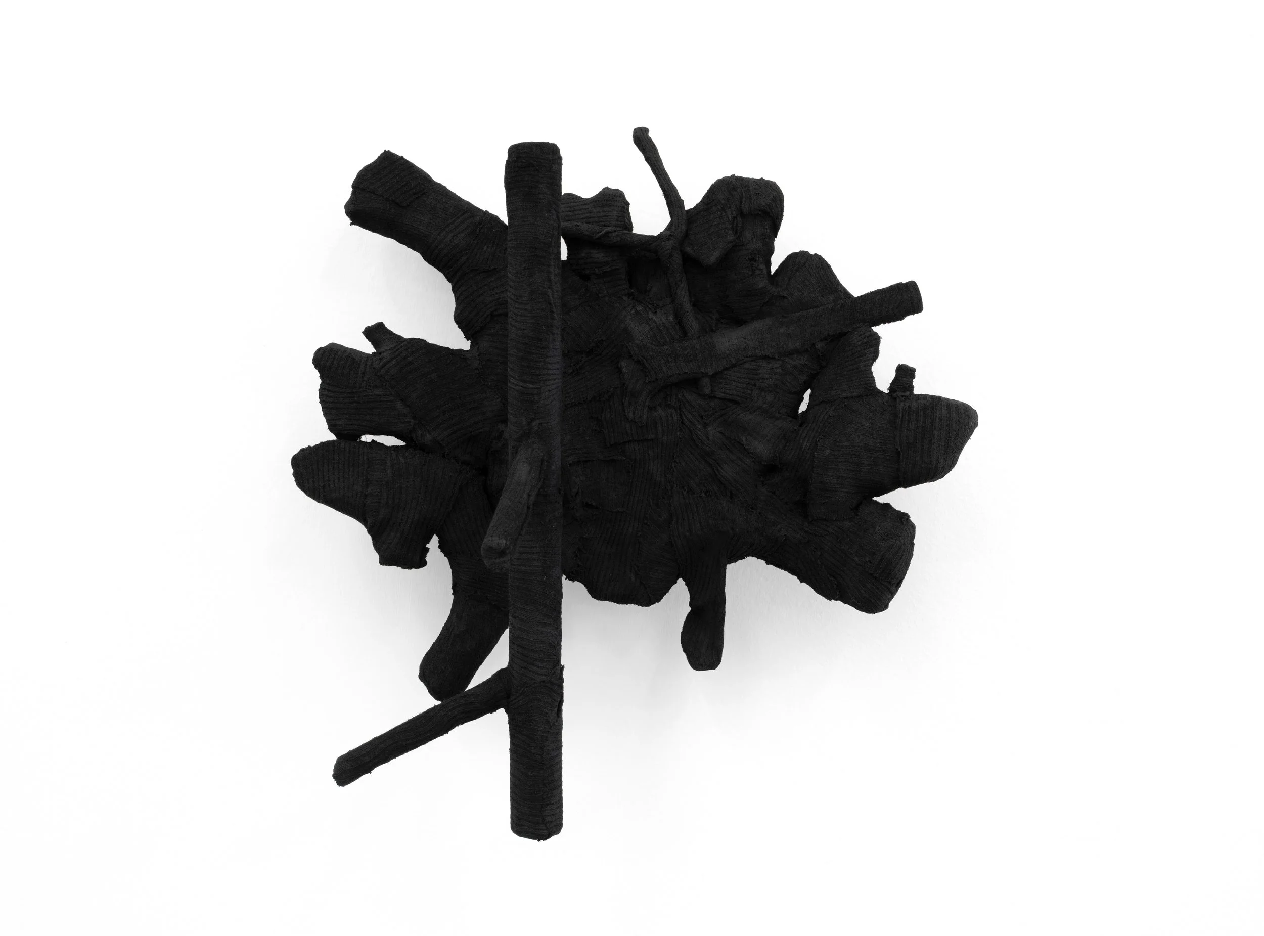    "Dove Know"    Engine paint, rubber undercoating,   letter forms assembled, broken, then   rearranged, origin and limit, nails, glues,   the shirt off my back, wood, other things.   Approx: 16"x13"x5"   