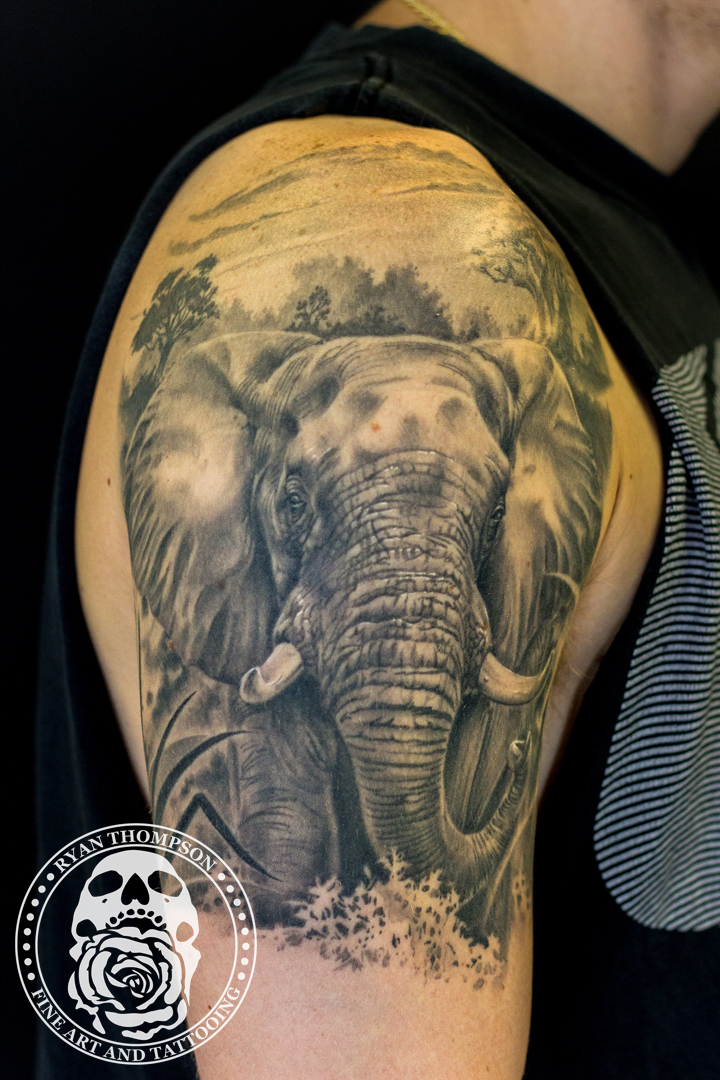 Shoulder Realistic Elephant Tree Tattoo by Tattoo Rascal