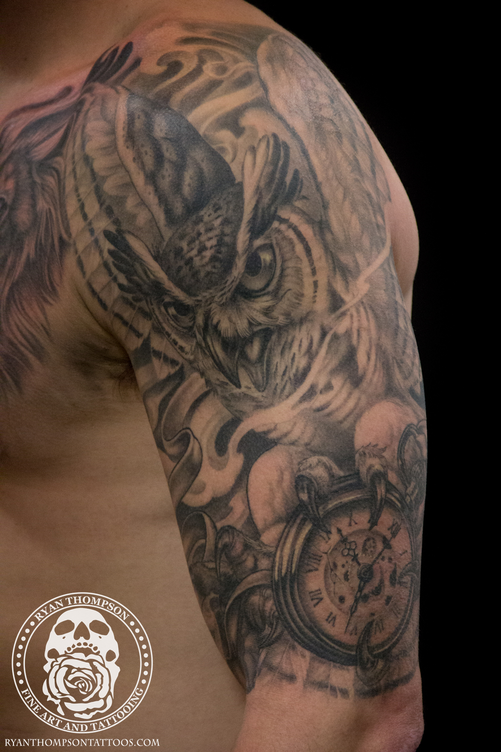Rich's Owl and Lion Half-Sleeve