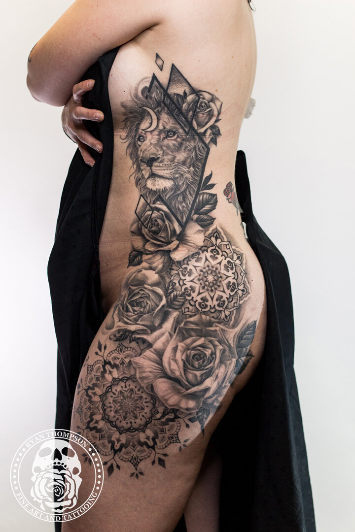 China's Lion and Roses Side Tattoo
