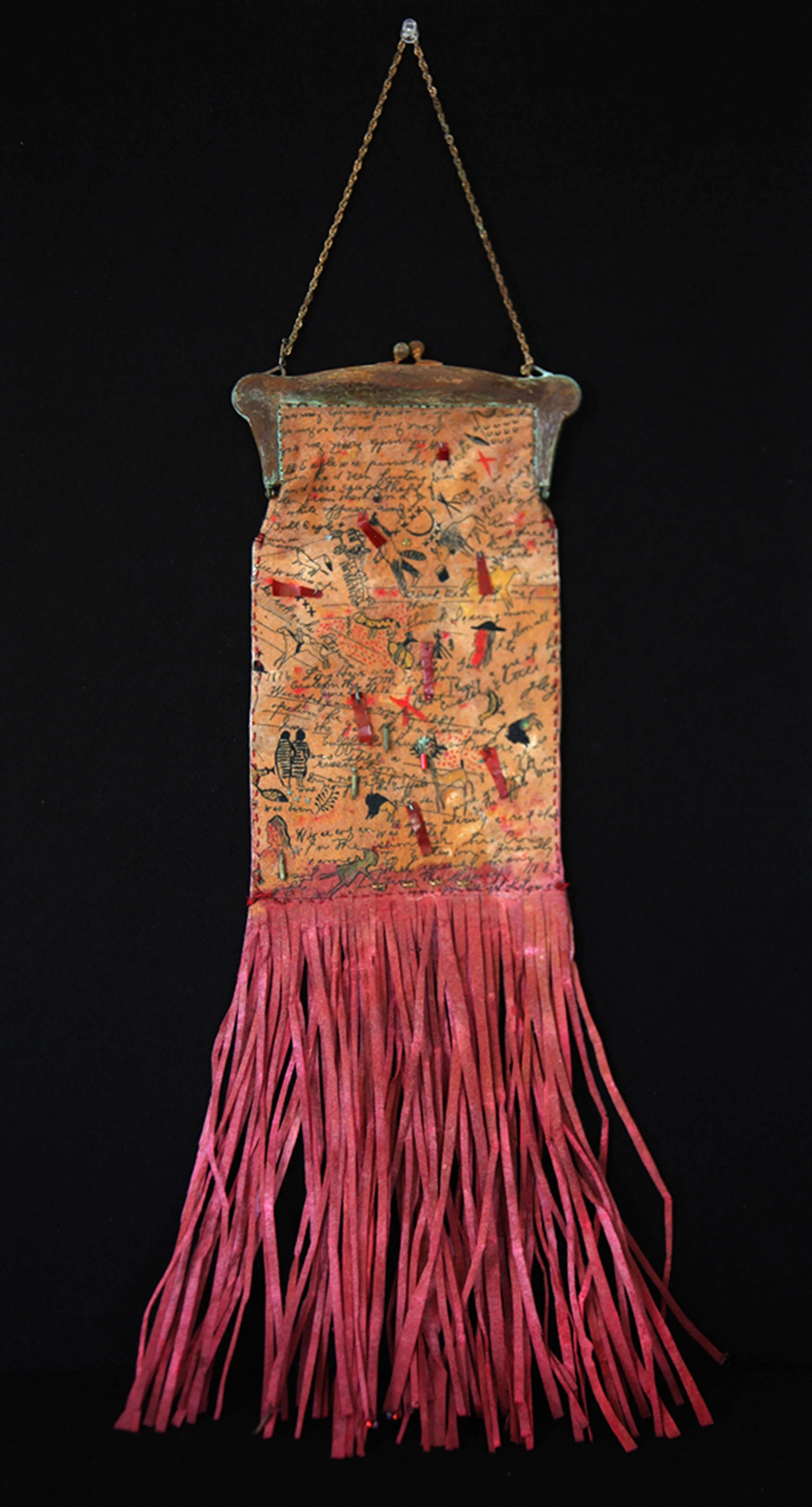 "Fringed Bag," 12" x 22", etching on deer skin, beads, hand coloring, sewing, patina-ed Victorian purse clasp