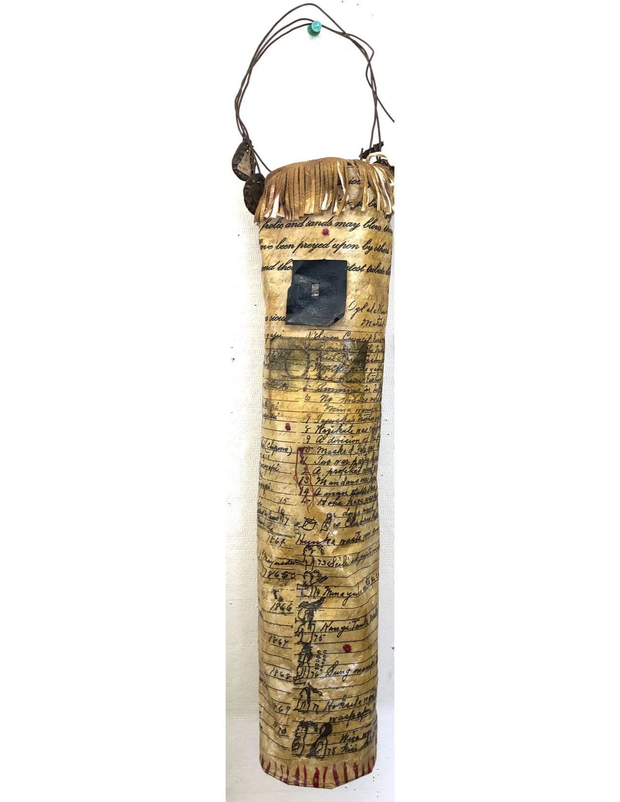 "Arrow Case", etching on 19c goat vellum land document, deer skin fringe, linen thread, hand coloring, wire, rusted bottle cap