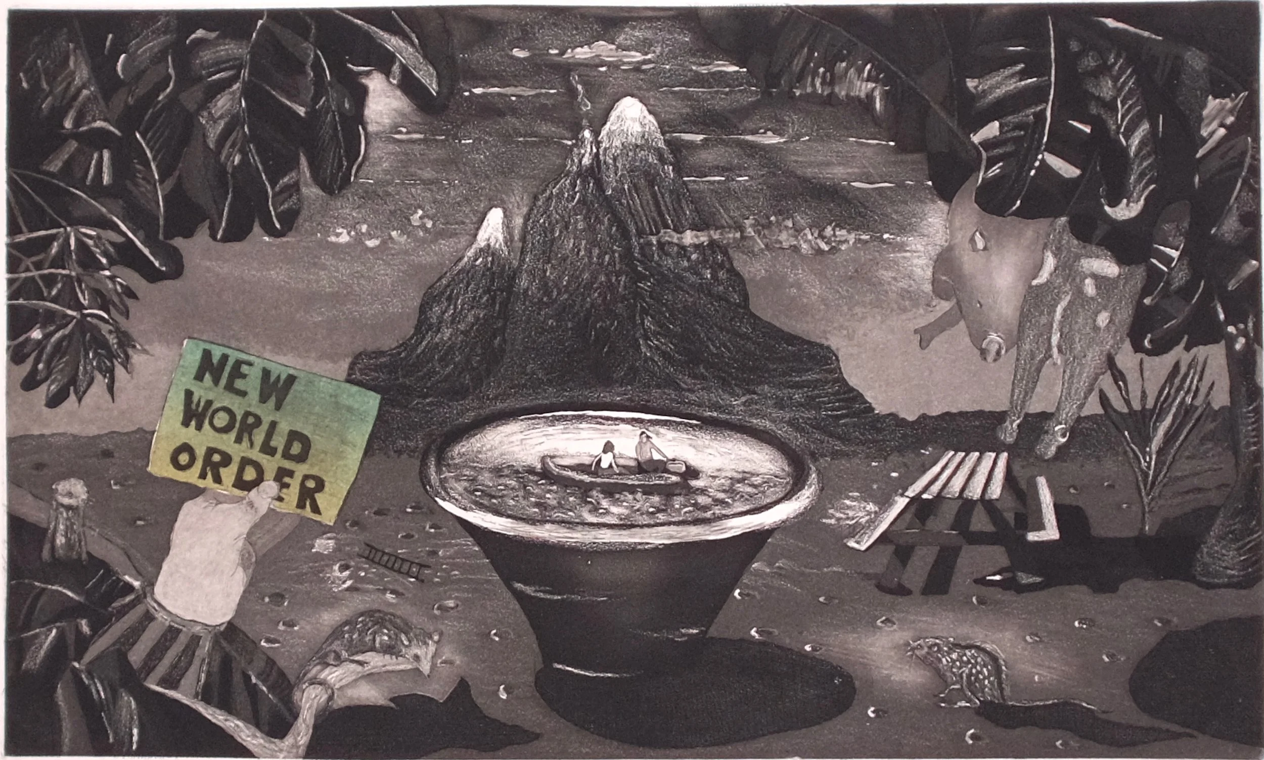 "New World Order", 27" x 34", etching 2019 Nature, with all its power, is changing how we exist within it and we seem to be carefree and ignoring it.