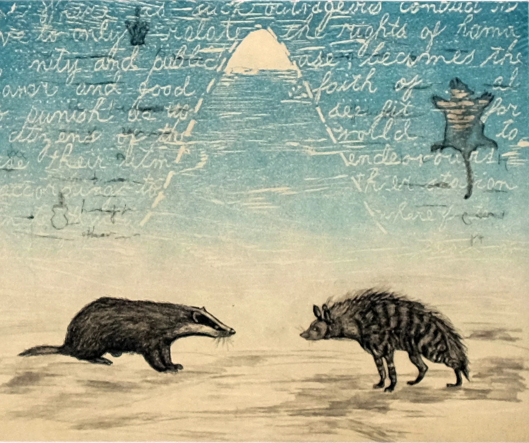 "Facing extinction," etching and woodcut chine colle, 19" x 21", 2019 The spotted hyena and the badger are both on the endangered species list. They can fight each other or they can be pursued by man and end up as a trophy on a wall.
