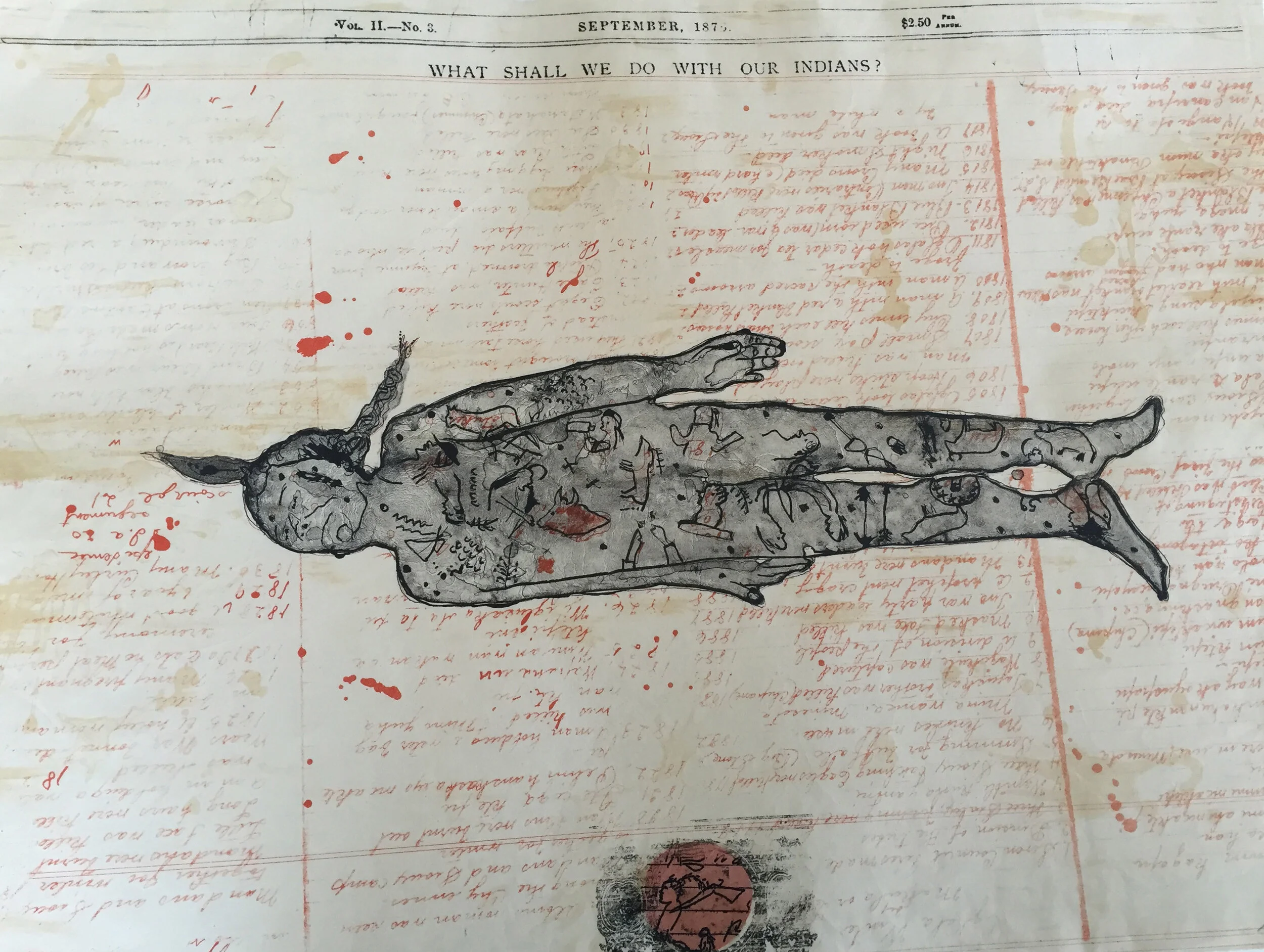 What shall we do with our Indians? Lithograph, chine colle'. 16" x 20”. (2002) The text was taken from a British phamplet which referred to the problem of the "Indians" in India and how they should be dealt with. This is superimposed over native writings in red and the Indian rising is a metaphor for rising above the conflict.