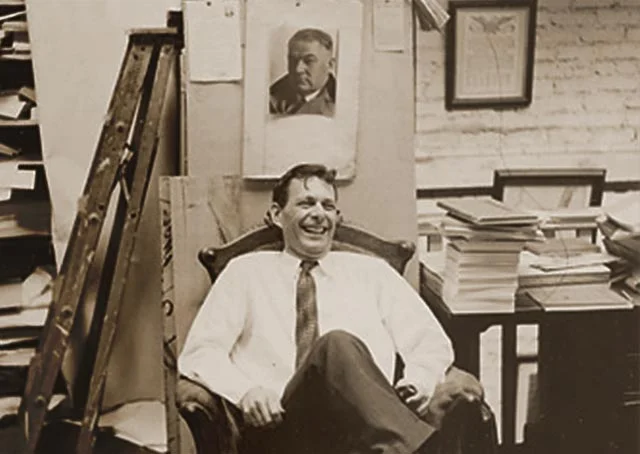 Edwin Grabhorn under portrait of John Henry Nash. Photo credit: Marjory Farquhar, 1938.