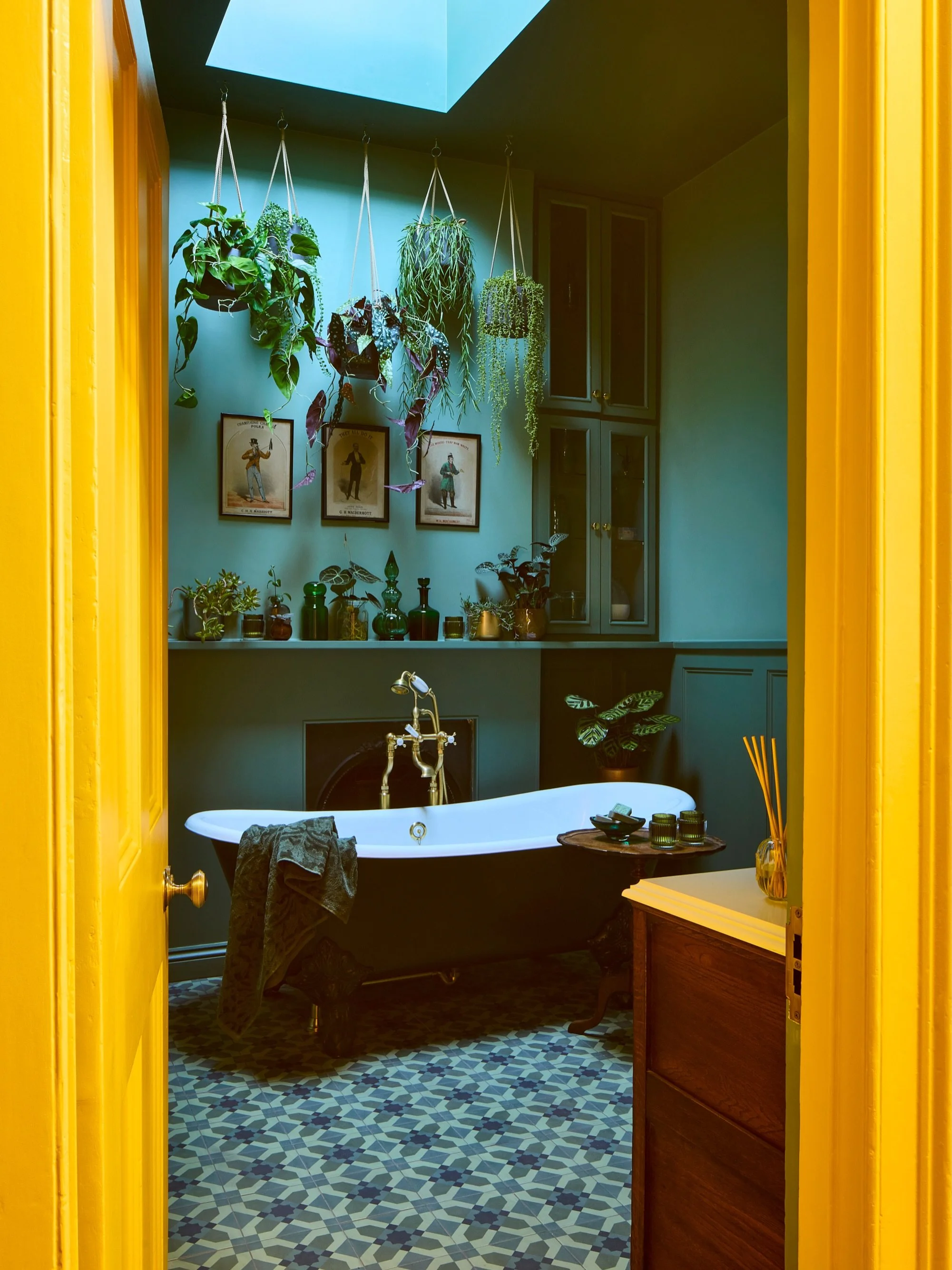 Another after > before from our East London pub renovation, the client requested darker green here and we used 2 different shades on the panelling and wall alongside Moroccan tiles. The free standing bath as the centrepiece makes all the differenc