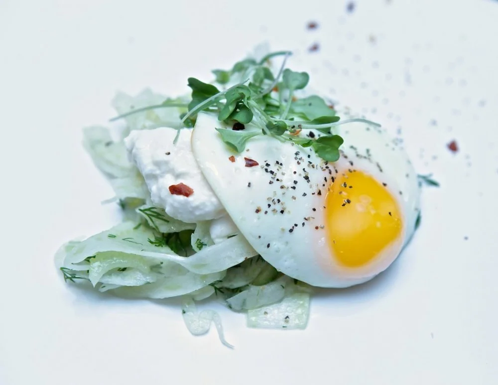 Fennel, Persian Cucumber,  Celery Salad, Burrata & Sunny Side Eggs
