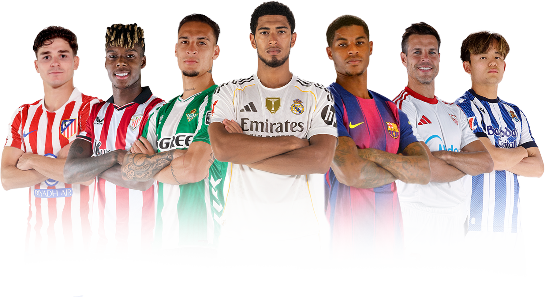 Group of seven soccer players standing with arms crossed, wearing different team jerseys from various football clubs.