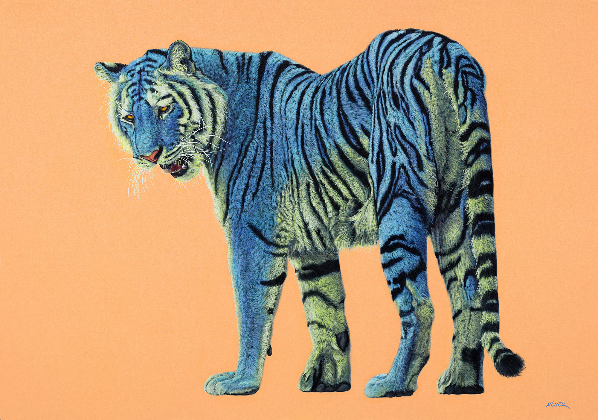 Helmut Koller, Blue and Green Tiger on Light Orange
