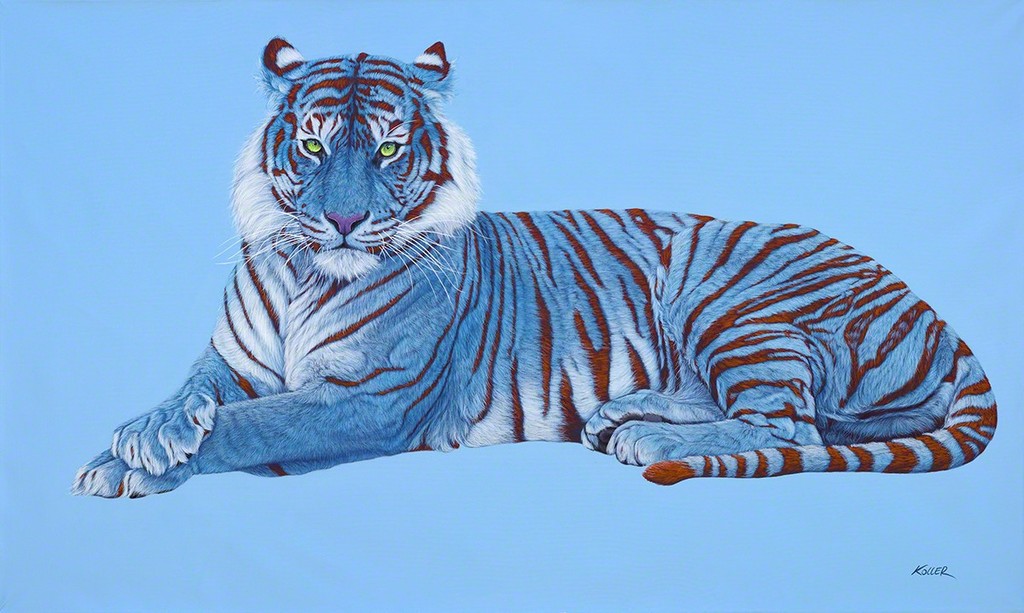 Helmut Koller, Blue Tiger on Blue with Red Stripes
