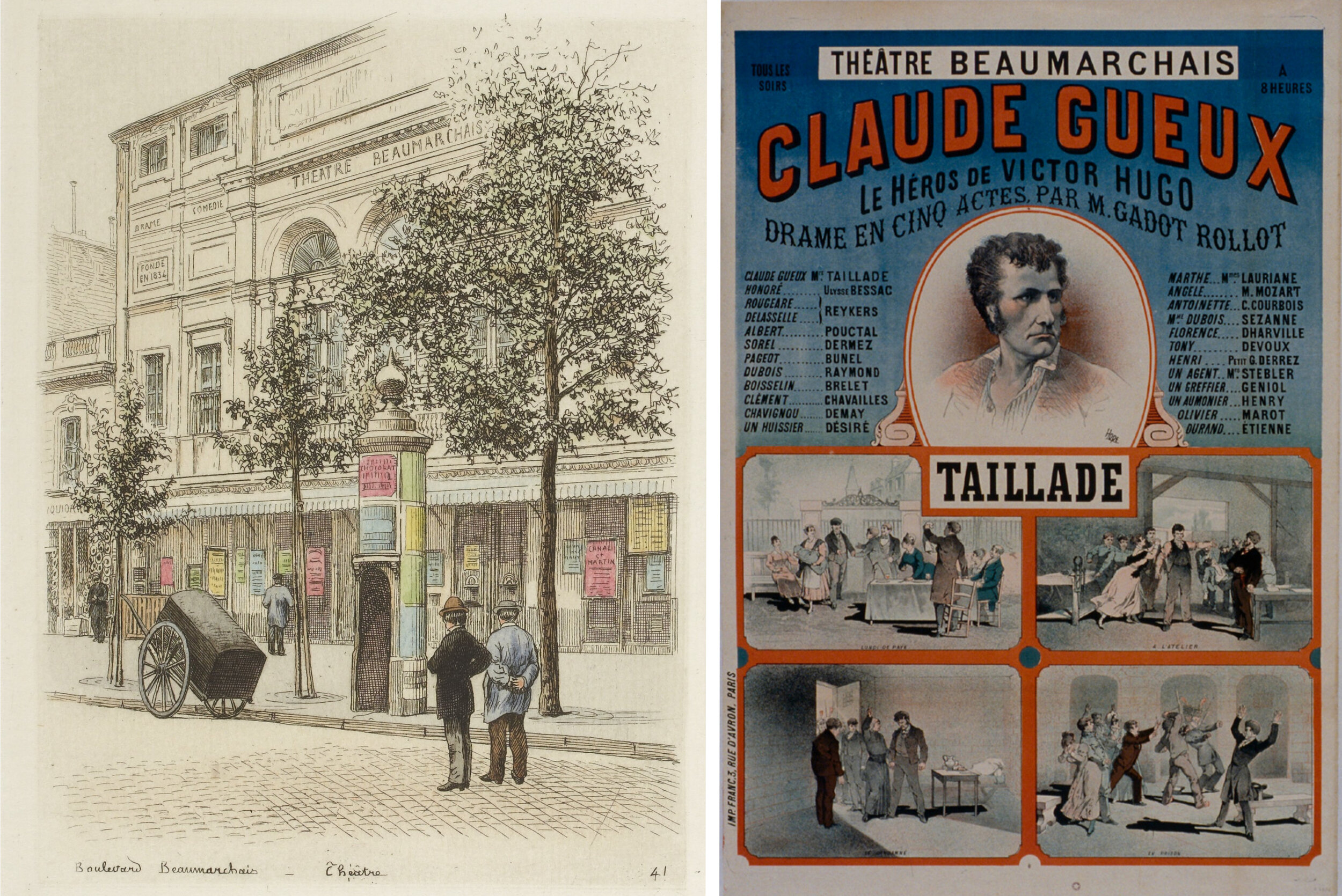 Left: Théâtre Beaumarchais, illustration. Right: Promotional poster from the Théâtre Beaumarchais. Both courtesy of the Bibliothèque Nationale de France