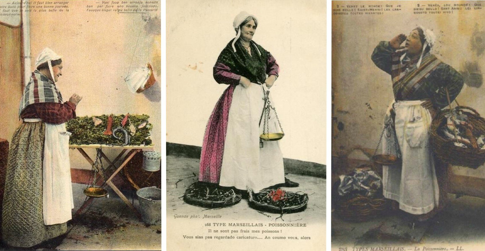 Fish sellers in Marseiile. Vintage postcards (source, source).