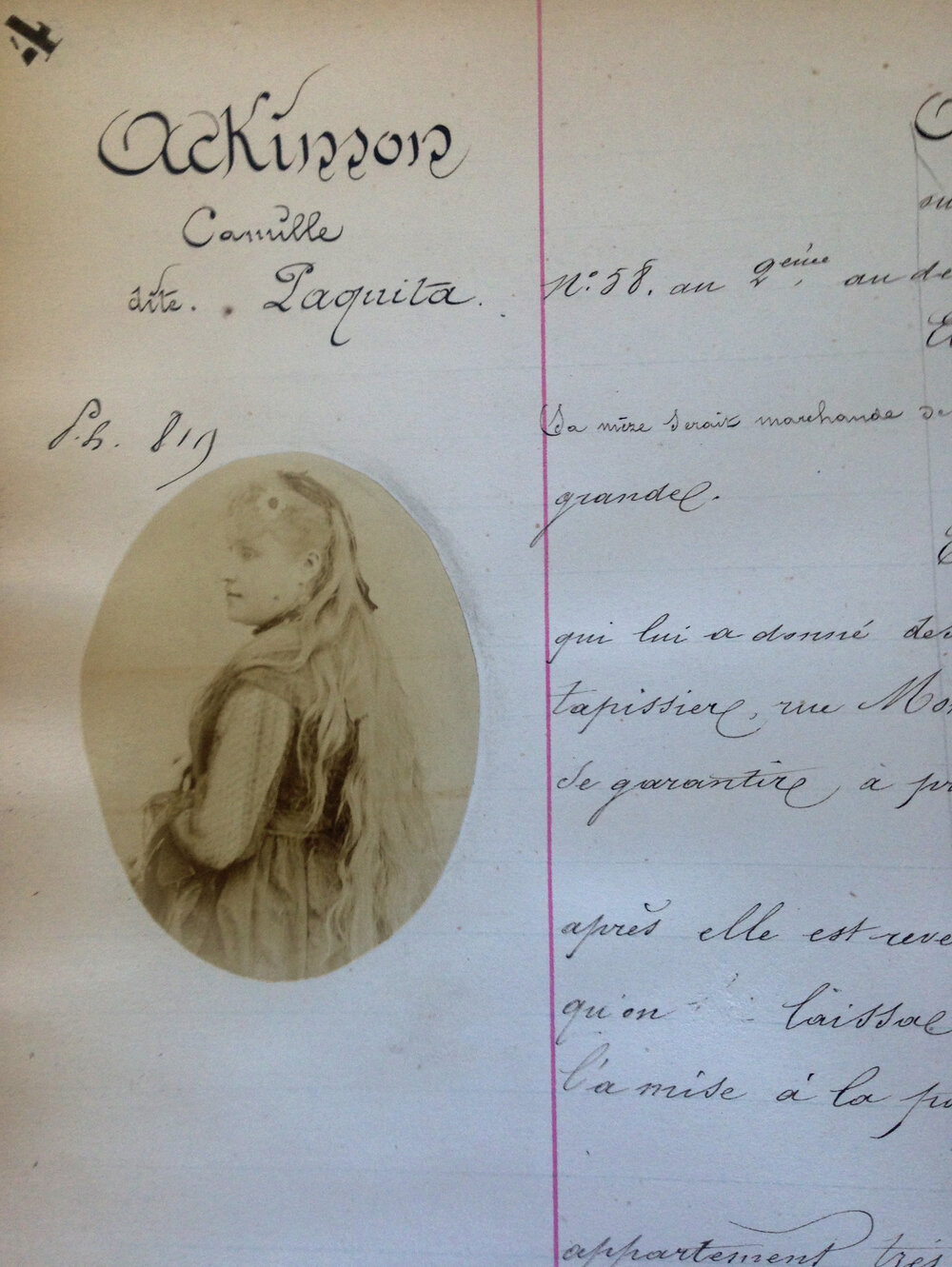 Camille Ackison, dite Paquite, in the Archives de la préfecture de police, BB1. Photo by me.