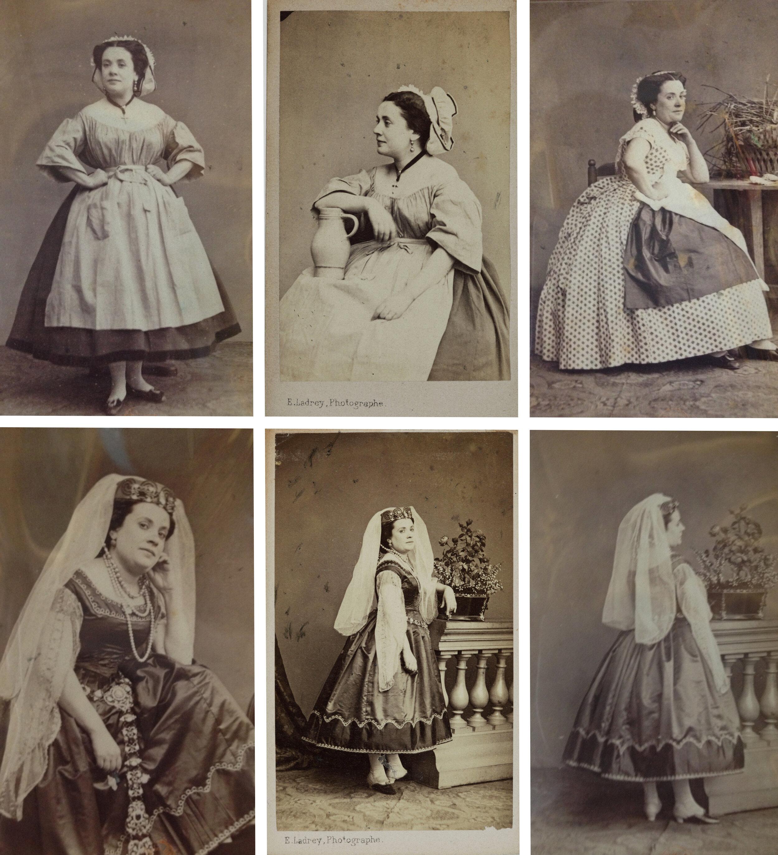 Portraits of Andrieux, actress, by Ernest Ladrey c. 1864. Center photos courtesy of Musée Carnavalet (source, source). Photos to the left and right courtesy of Bibliothèque National de France. Photos by me.
